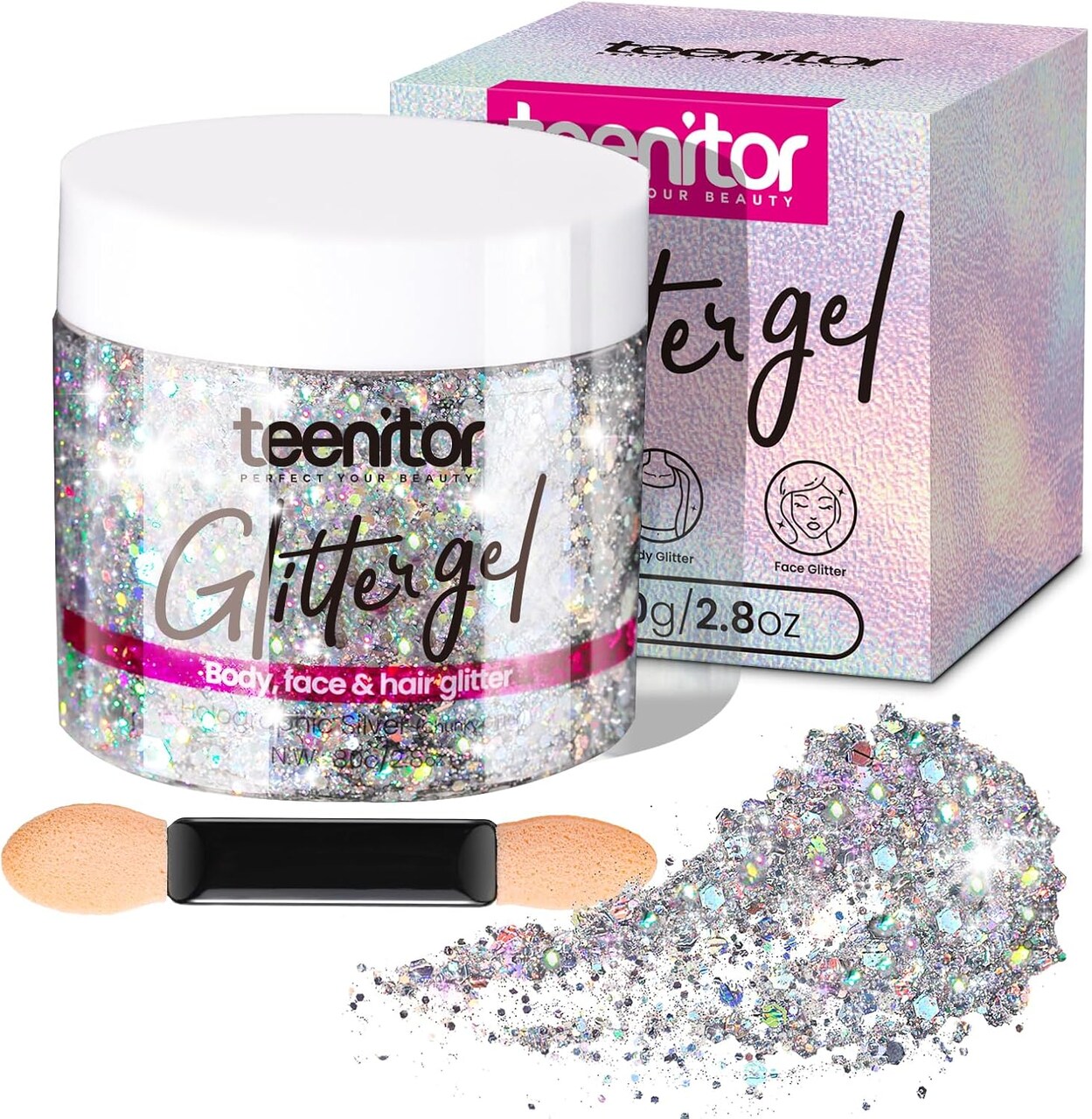 Body Glitter, Body Glitter Gel, Hair Glitter, Face Glitter, Holographic Chunky Makeup Silver Glitter Gel for Face, Makeup, Hair, Eye
